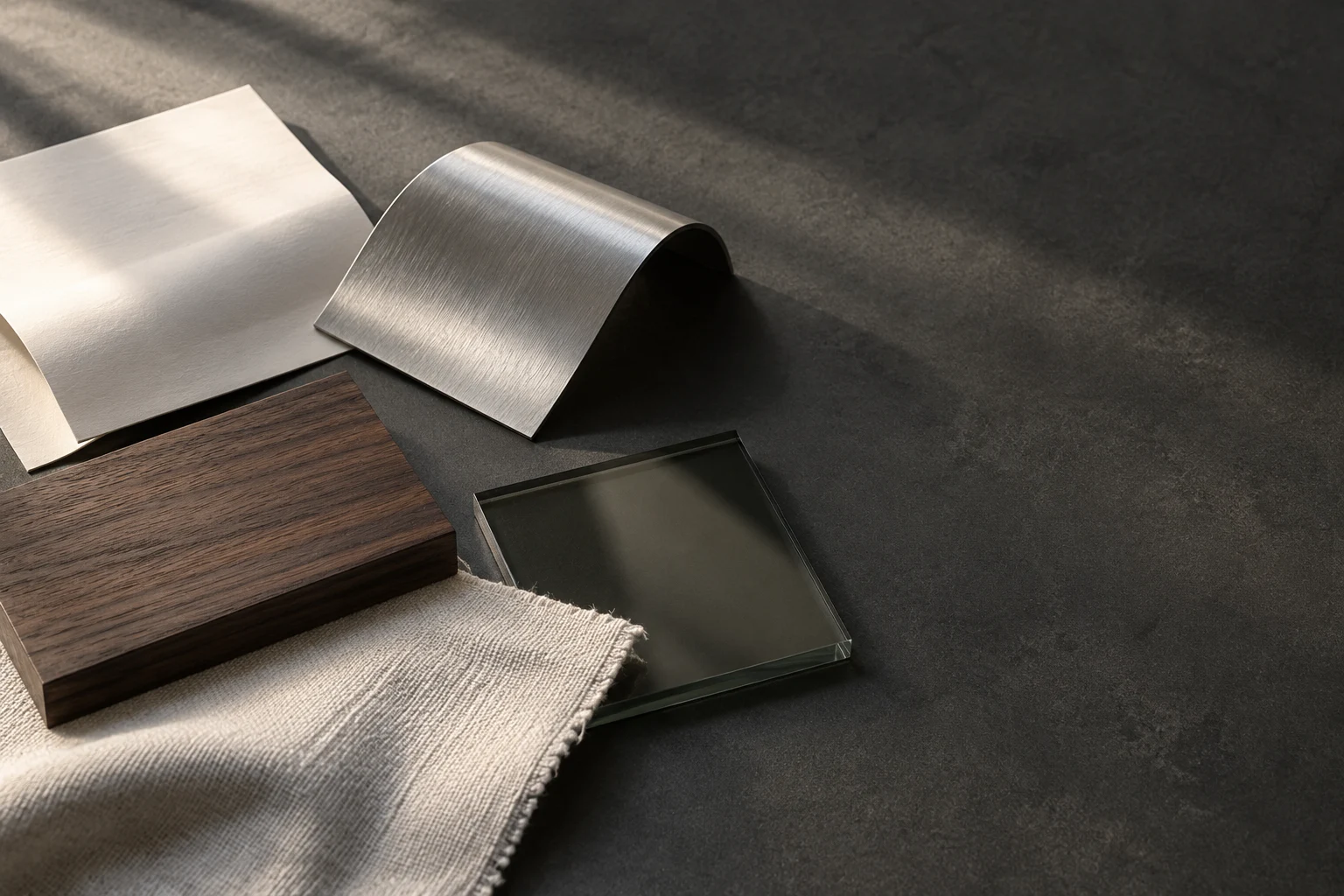 Walnut, brushed metal, glass and linen arranged as a material study
